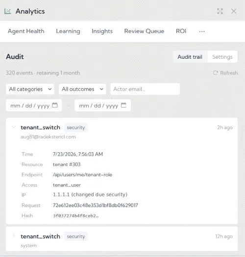 Augela dashboard showing AI agentic organization audit record.