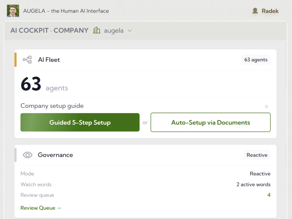 Augela cockpit with governance set to reactive, two active watch words and four items waiting in the review queue