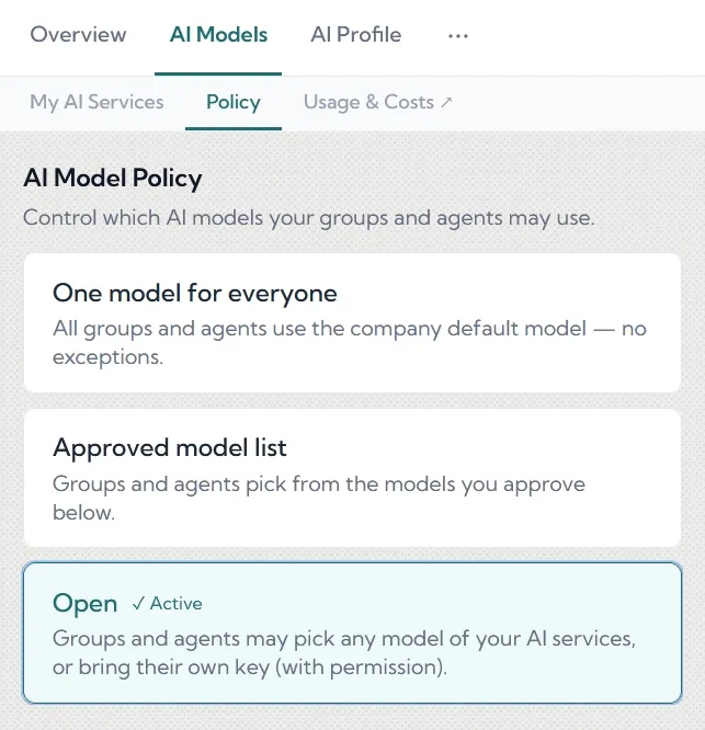 Augela Interface showing how LLMs policy can be configured across an organization.