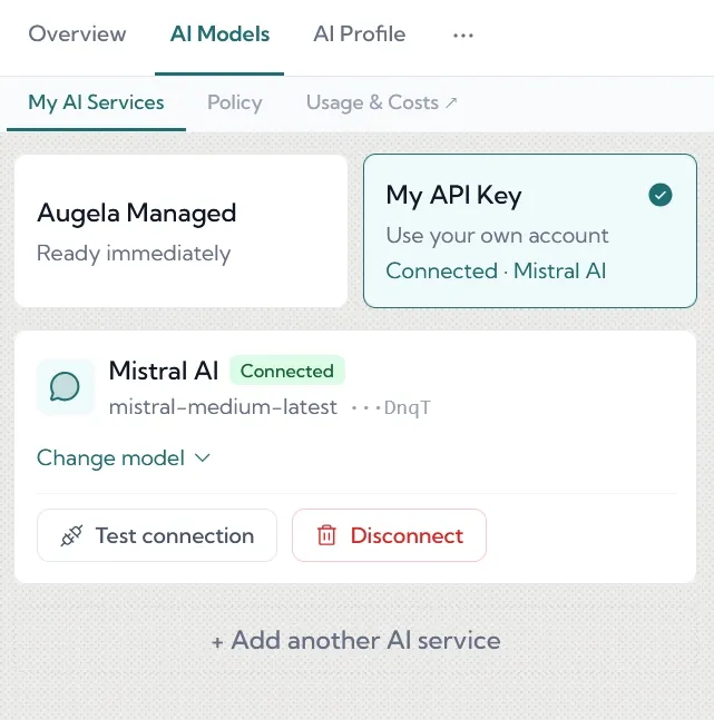 Augela Interface showing the unlimited possibilities to configure LLMs, best in the industry.