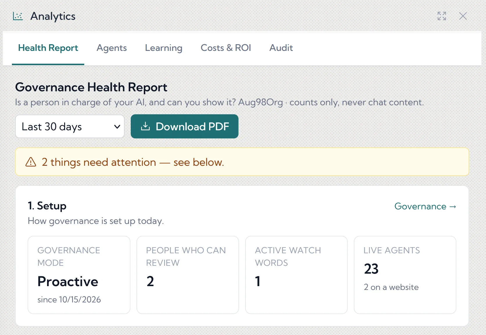 Governance Health Report for the last 30 days: two things need attention, governance mode Proactive, two people who can review, one active watch word and 23 live agents, two of them on a website